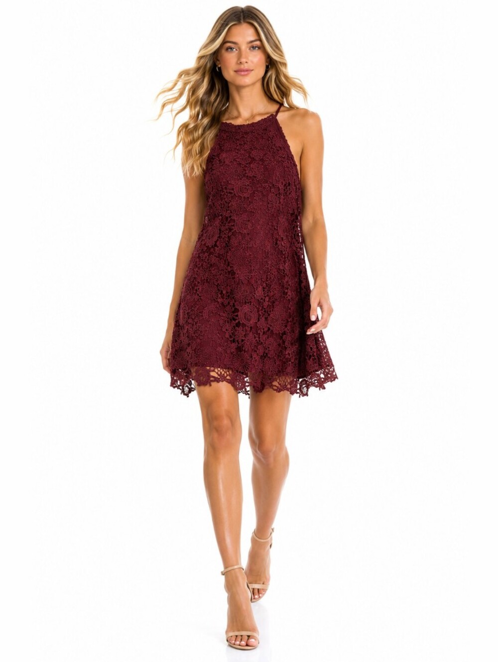 Lulus Burgundy Floral Lace High Neck Sleeveless Dress Size Large